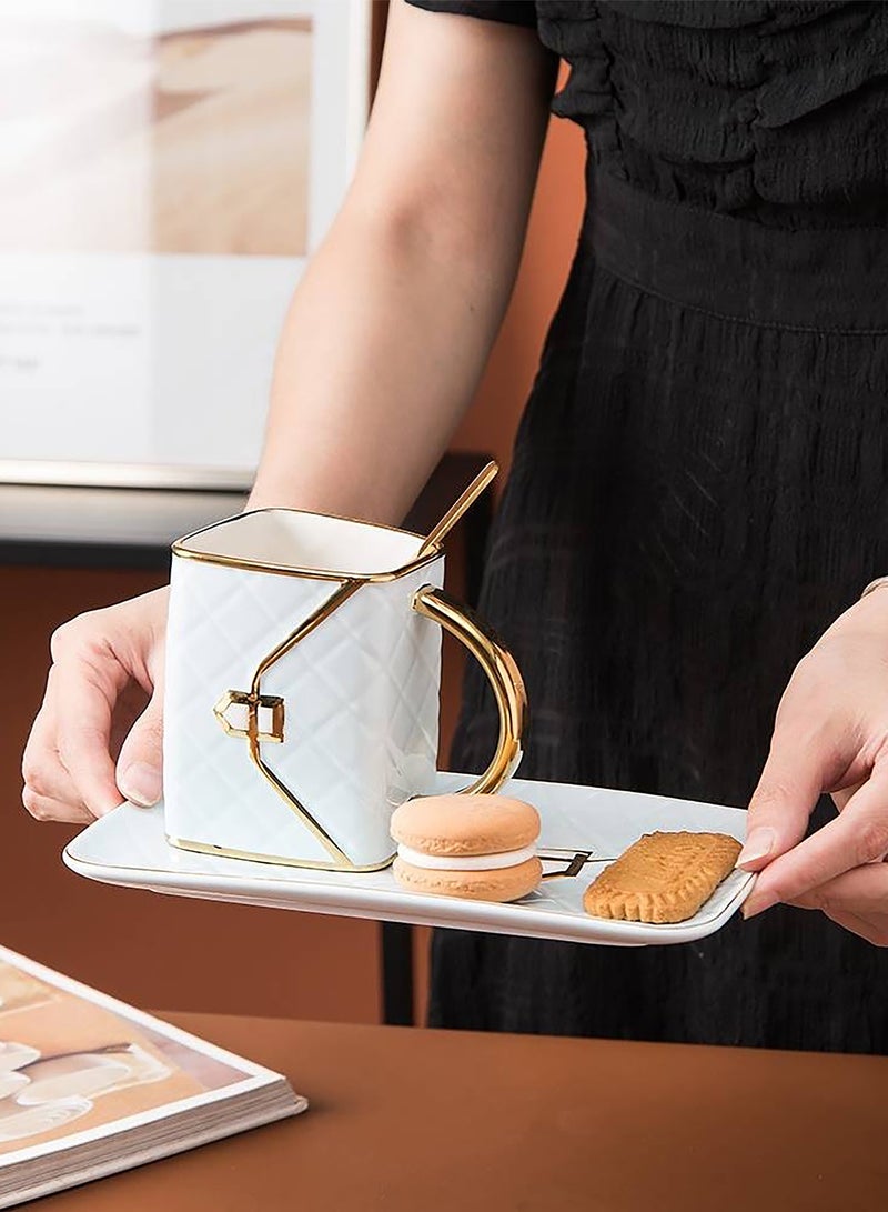 Luxury Arabica Coffe Cup with Saucer Set,310ml Ceramic Tea Cup with Spoon,Espresso Cups with Handles,Coffee Mugs for Latte, Cappuccino, Mocha, Hot Chocolate, Tea, Juice, Hot or Iced Beverage,White - Image 2